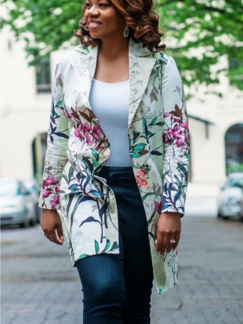 Chico's Floral Longline Trench Coat - Sage, Pink & White
